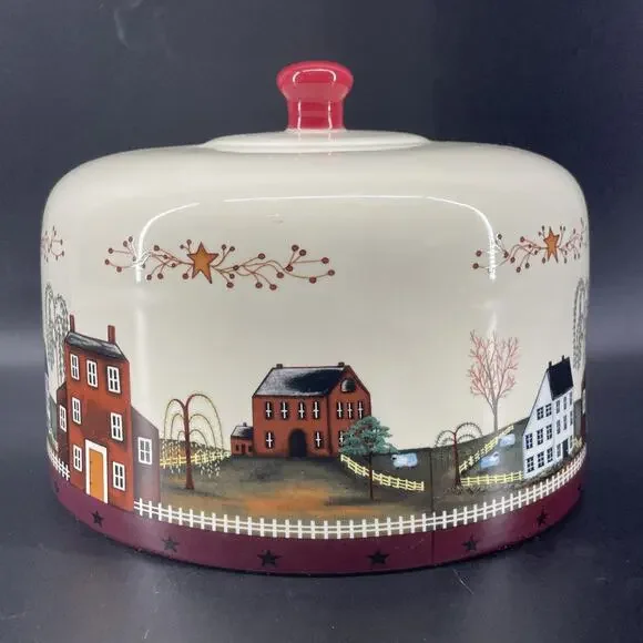 Vintage 8” Ceramic Dome Cake Cheese Plate Cover Country Farm Fence Willow Star - Picture 6 of 6
